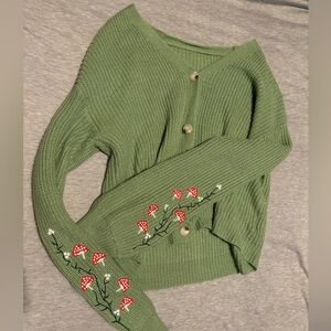 Green Embroidered Mushroom Cardigan Sweater